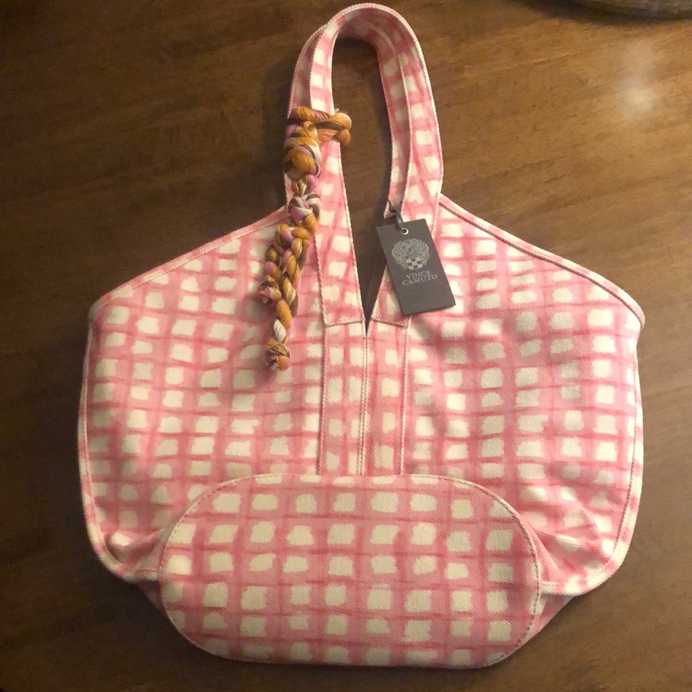 NEW Vince Camuto Afina Braided Canvas Tote Bag~ Pink & White Design
